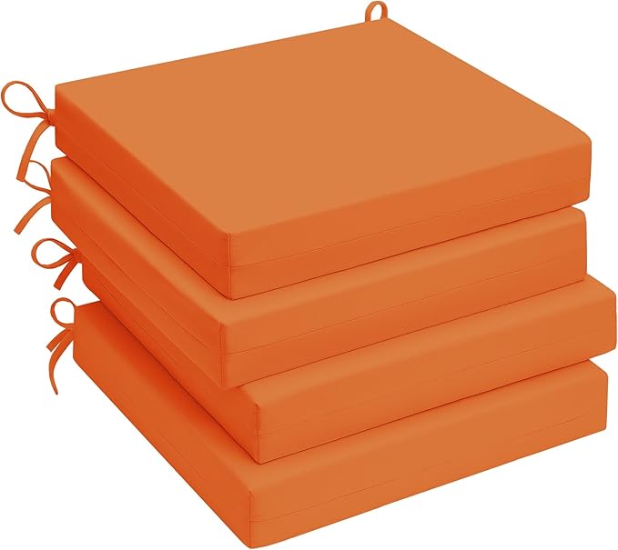 UNIKOME Outdoor Chair Cushions Pack of 4, Water Resistant Patio Cushions with Ties, High Density Sponge Filling Square Corner Seat Cushions for Outdoor Furniture, 24"*24"*4", Orange