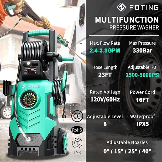 2026Upgraded Pressure Washer 5000PSI with Adjustable Touch Screen 8 Level, 34" Tall, 4 Quick Connect Nozzles,Inlet Hose&Filter&500mlFoam Cannon for Cars/Fences/Driveways/Home Cleaning,Green