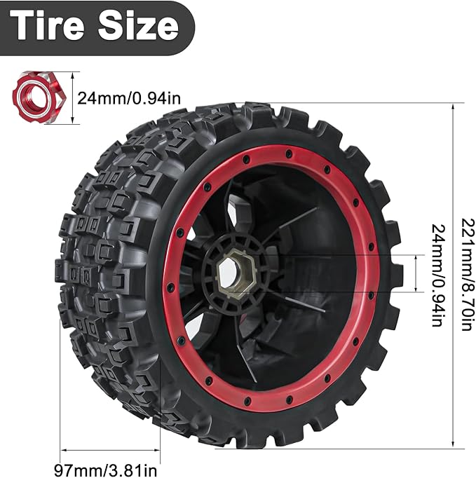 1/5 RC Tires and Wheels for Traxxas 1/5 X-MAXX 8S Arrma 1/5 Kraton 8S 1/5 Outcast 8S, RC Monster Truck Tires 24mm Hex Wheels (4PCS, Red)