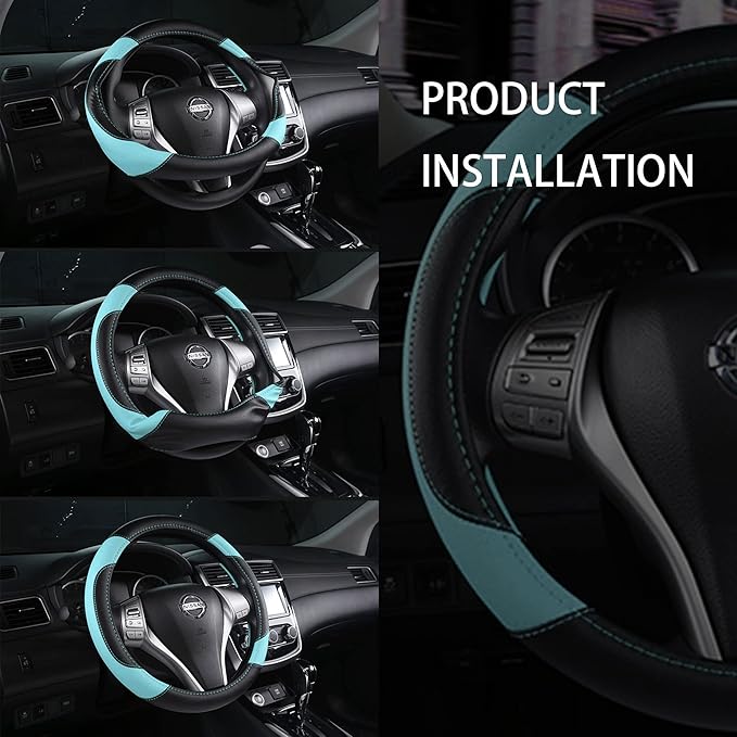 Leather Car Steering Wheel Cover, Non-Slip Car Wheel Cover Protector Breathable Microfiber Leather Universal Fit for Most Cars (Blue)