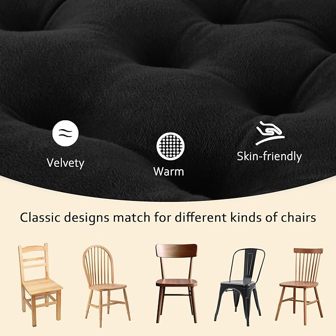 ELFJOY Set of 4 Square Chair Pads Indoor Seat Cushions Pillows with Ties Thick Soft Seat Cushion for Kitchen Dining Office Chair (18", Black)