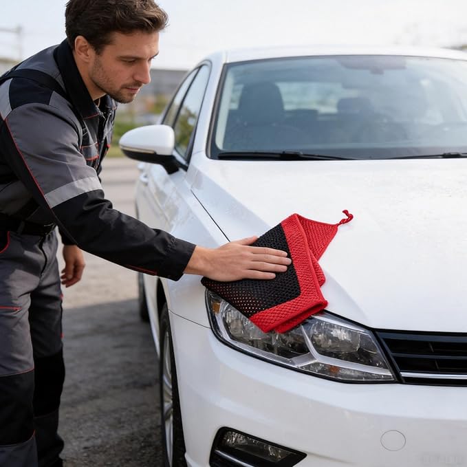 Upgrade Clay Towels and Pad Set 5PCS - Perforated Synthetic Decontamination Towel for Car Detailing, Cleaning & Release of Paint Contaminants, 4pcs Clay Bar Towels 12x12 Red, & 1pcs Red Pad