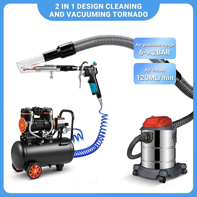 Car Interior Cleaning Gun with 2-in-1 Air Blower Attachments, Detailing Brush and Swivel Connector – for Car Seats, Carpets, Dashboards, Floor Mats, Air Vents, Pet Hair Removal and Rapid Drying