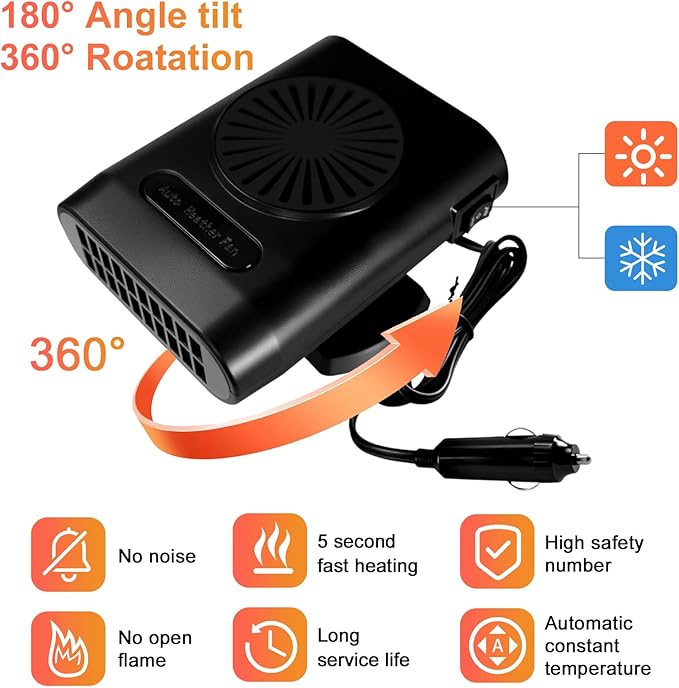Car Heater Fan, 12V 200W Fast Heating and Cooling Fan Portable Windshield Defogger and Defroster Plug into Cigarette Lighter for Car RV SUV (Black Black)