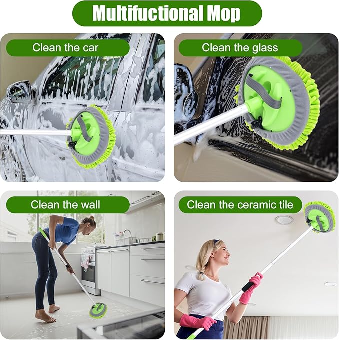 62" Car Wash Brush with Long Handle and Car Wash Brush Microfiber Car Cleaning Brush Kit for Car RV Truck Cleaning 1 Chenille Scratch-Free Replacement Head with Aluminum Alloy Pole (Green)