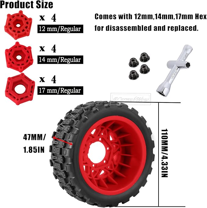 RC Truck Tires RC Wheels and Tires,12mm/14mm/17mm Hex RC Tires for 1/10 Slash 4×4 2WD,Arrm a Senton,Axia1 Red cat Rc 4wd,Off-Road Tire w/RC Wheels Hex,Red