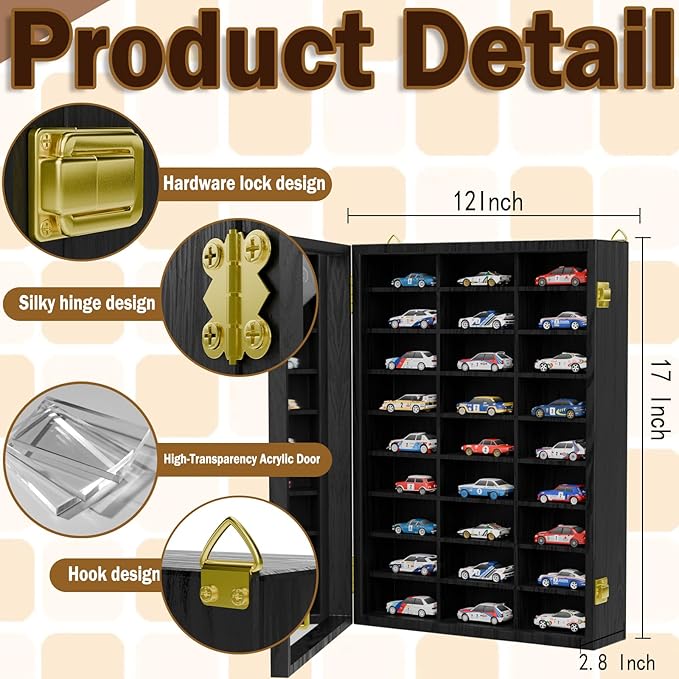 2 Pack Hot Wheels Storage Display Case Wall Mounted, Wooden Hotwheels Toy Car Storage 1/64 Display Case Shelf Organizer for 54 Hot Wheel Model Car (2, Blackcolor, Only Case)