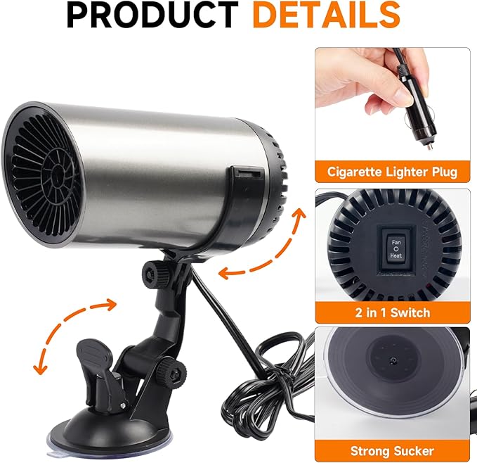 Car Heater, 12V Portable Car Heater that Plugs into Cigarette Lighter, Defroster for Car Windshield, 2 in 1 Heating & Cooling Fast Heating Defrost Defogger with Suction Holder