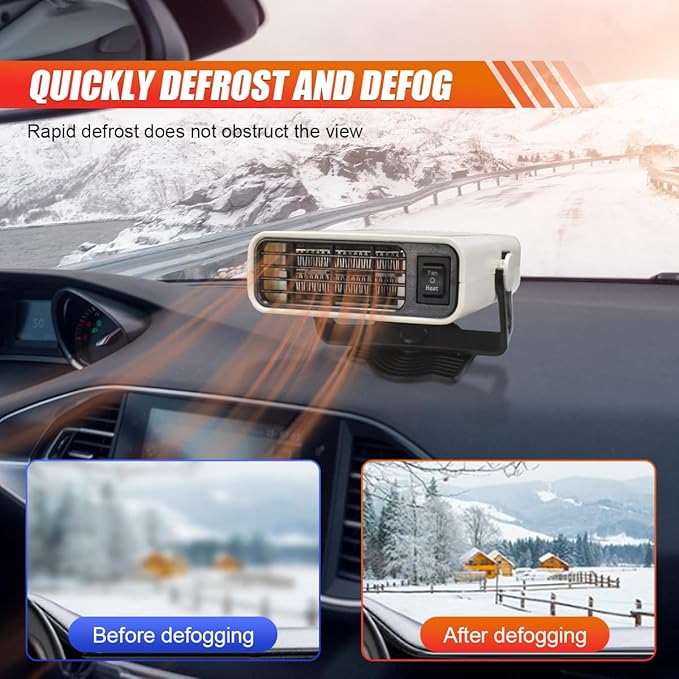 Car Heater, 12V 150W Fast Heating Windshield Defogger and Defroster, 2 in 1 Portable Heating & Cooling Fan, 360° Rotatable Heater with Plug-in Cigarette Lighter (White)