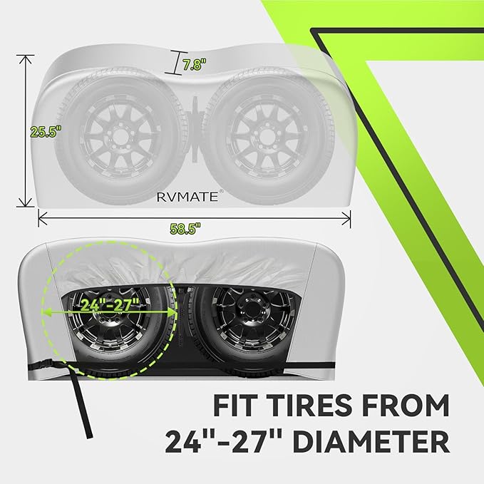 RVMATE RV Tire Covers, Dual Axle Wheel Cover (2 Pack) Fits 24"-27" Diameter Tires, Waterproof Anti-UV 420D Oxford Silver Dual Tire Covers RV Accessories for RV/Truck/Trailer