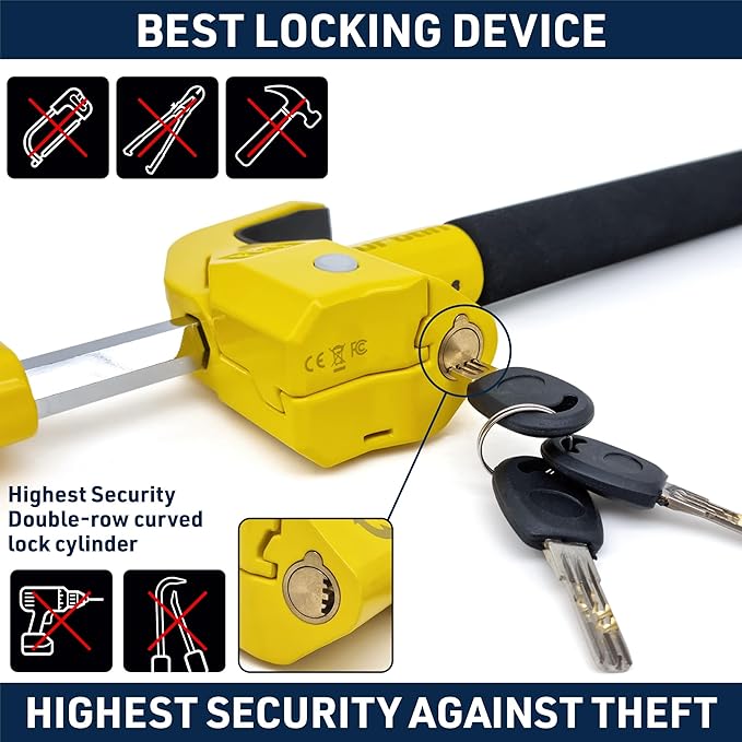 URBAN UR978Y Double Security Steering Wheel Lock with Hi-Tech Alarm, 120dB+LED, Smart Warning, A+ Sensitivity | Proven Theft Attempt Deterrence | Patented Anti-Theft Car Device Universal SUV Van Truck