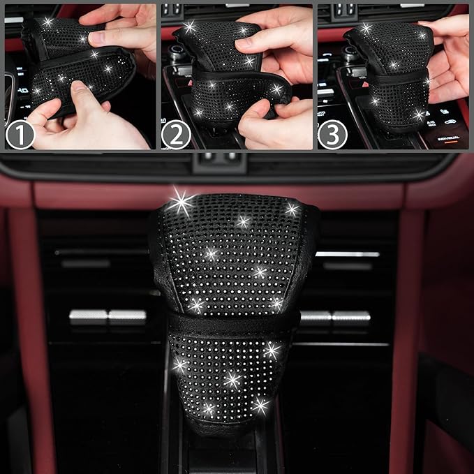 NBTEPEM 12 Pcs Bling Car Accessories Set for Women Car Floor Mats Full Set Steering Wheel Cover Seat Belt Covers Coasters Universal Fit Car SUV Truck Van Black