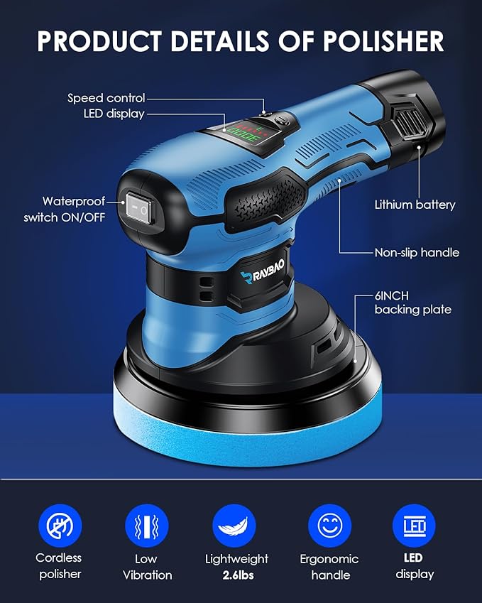 Cordless Polisher 2x2000mAh 21V Batteries,21pcs Attachments & 6 inch Car Buffer Polisher for Car Detailing 6 Variable Speed to 4500OPM Car Buffers and Polishers Kit for Polishing/Waxing