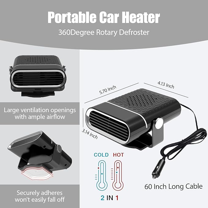 12V Portable Car Heater for Vehicle,Car Heater and Windshield Defroster and Demister Features Heating Cooling and Air Purification Functions,360° Rotating Cigarette Lighter Port Heater for Cars Black