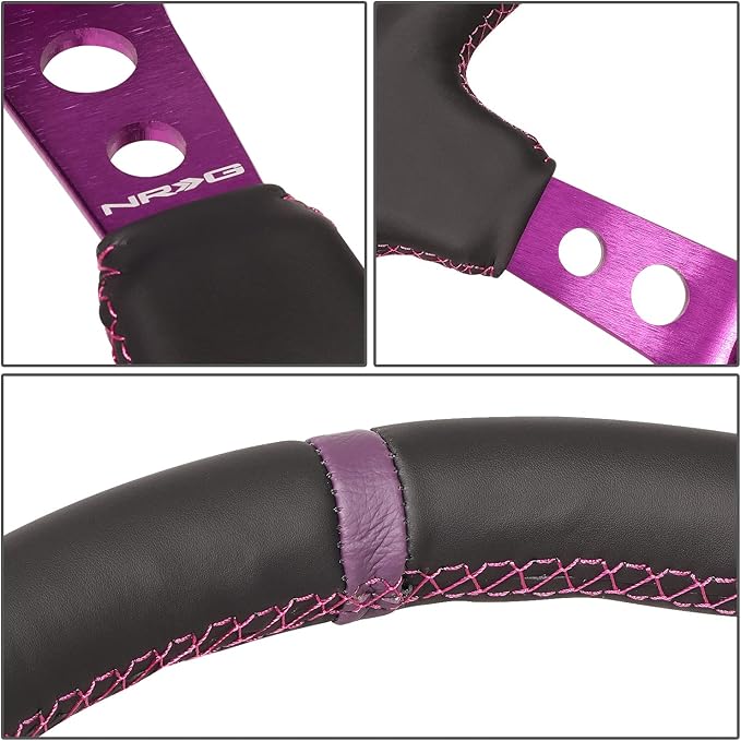 NRG Innovations NRG-RST-006PP Reinforced Steering Wheel 350MM Sport Steering Wheel (3" Deep), Black Leather, Purple Center Mark with Purple Stitching