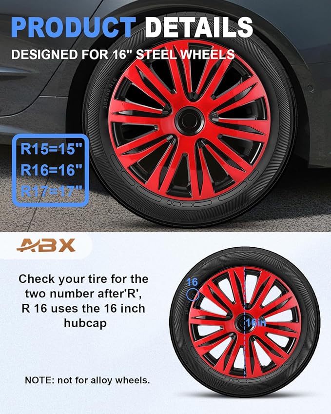 ABX Hubcap Wheel Covers Hub Caps 16 Inch Set of 4 Black & Red Universal Wheel Rim Cover R16 Stylish Car Decor Wheel Covers