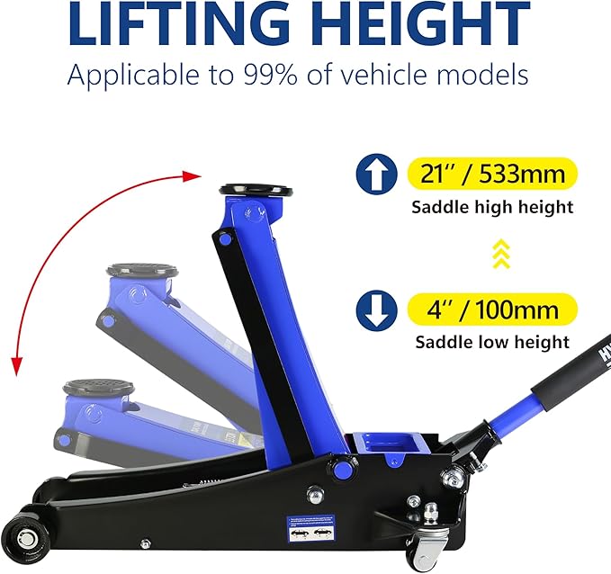 3.5 Ton Low Profile Floor Jack, Professional Trolley Jack Hydraulic Jack, Heavy Duty Steel Racing Floor Jack with Dual Piston Quick Lift Pump, 3.5 Ton（7000 lb） Capacity, Lift Range 4"-21",Blue
