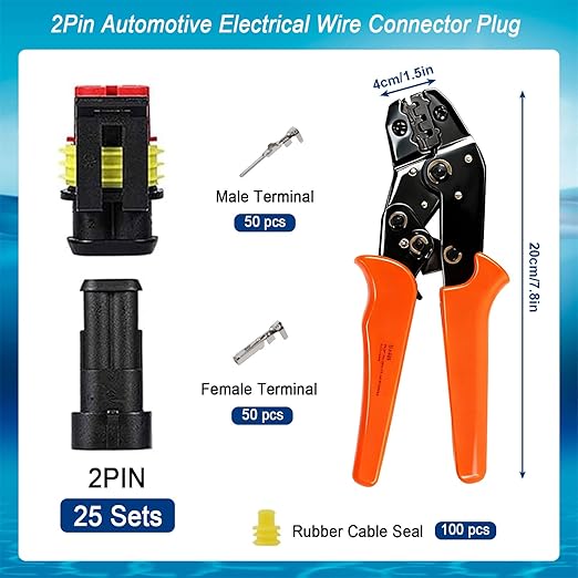 300Pcs 25 Kits 2 Pin Connector,2 Wire Connector with Ratchet Crimping Tool,Automotive Waterproof Electrical Connectors 22-16 AWG