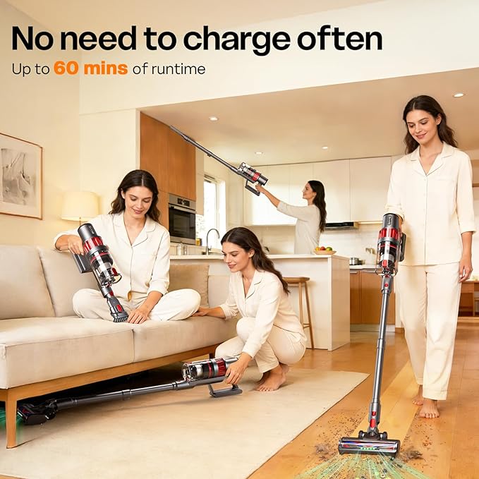 Cordless Vacuum Cleaner, 600W/50KPA, Stick Vacuum with Rechargeable Design, Up to 60 Minutes, Powerful Suction, Lightweight, Vacuum Cleaner for Home/Pet Hair/Carpet/Hard Floor, Grey