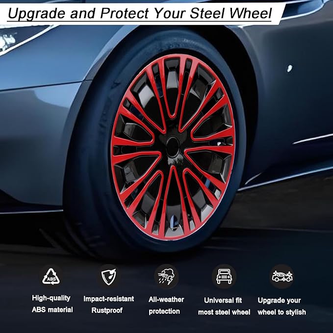 Hubcap Wheel Cover Replacement R16 Hub Caps Universal-Fit Steel Wheel Rim Cover ABS Material Exterior Accessories for Car Truck SUV -Set of 4（16-inch，Red-Black）