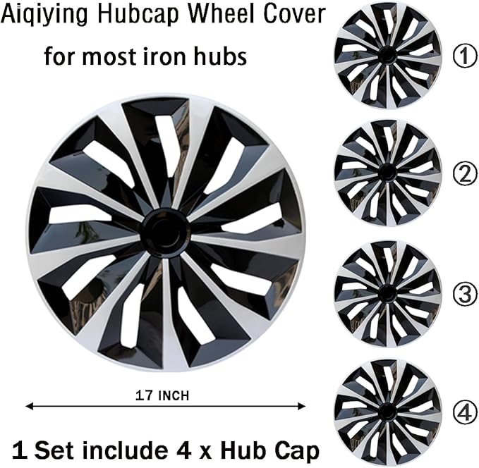 Hubcap Wheel Cover Replacement R17 Hub Caps Universal-Fit Steel Wheel Rim Cover ABS Material Exterior Accessories for Car Truck SUV -Set of 4（17-inch，Silver-Black）