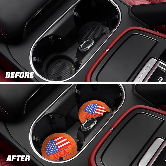 AUCELI 2 Pack Car Cup Holder Coasters, Colored American Flag US Flag Insert Car Cup Coaster, 2.75 Inch Anti Slip Shockproof Embedded Drink Mat, Vehicle Interior Decor Accessories