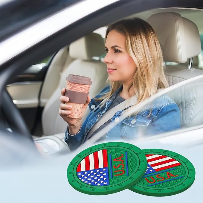 AUCELI 4 Pack Car Cup Holder Coasters, Colored American Flag US Flag Insert Car Cup Coaster, 2.75 Inch Anti Slip Shockproof Embedded Drink Mat, Vehicle Interior Decor Accessories
