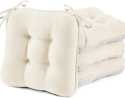 BETU White Chair Cushions for Dining Chairs Set of 4,3.5" Thick Kitchen Table Chair Pads with Ties,Non Slip Backing and Covers, Seat Cushion for Dining Room,Bar,Patio Chairs,15.5"X15.5"X3.5",White