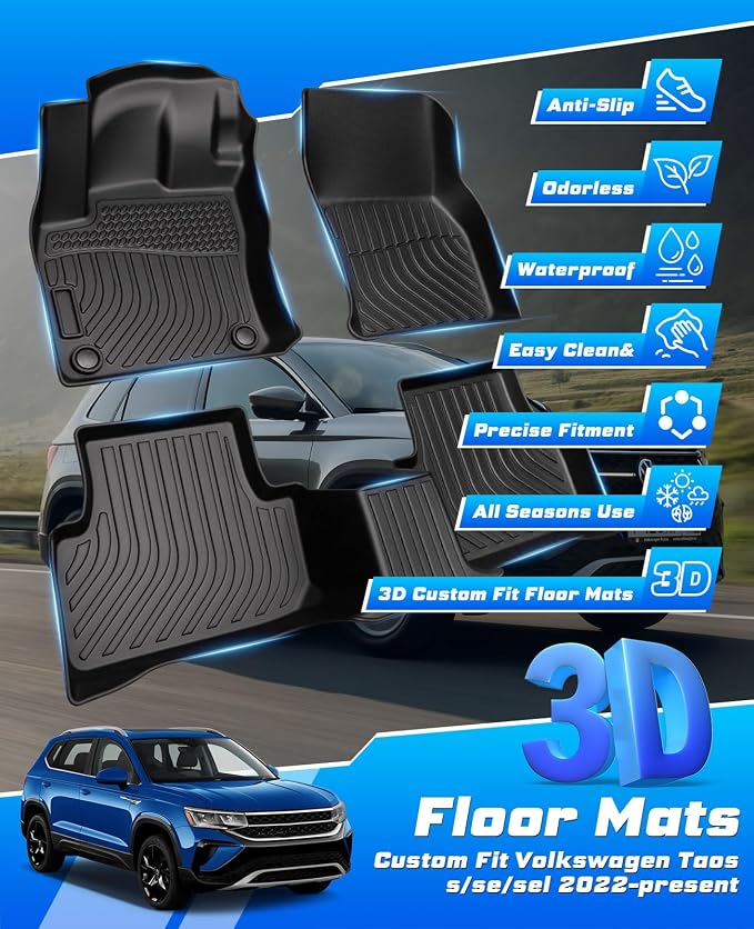 Sunsdrew Floor Mats for 2022-2026 Volkswagen Taos Accessories, All Weather Floor Liners 1st & 2nd Row Car Mats, TPE Rubber, Raised Edge