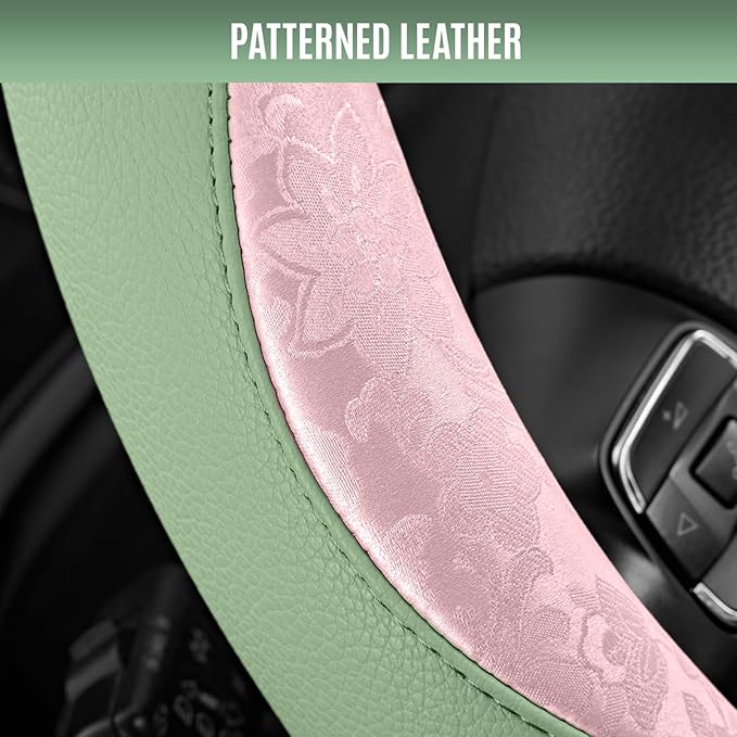 PIC AUTO Steering Wheel Cover, Pink Patterned & Green Leather Patchwork Design, Universal Fit 14.5"–15.5", Anti-Slip, Odor-Free, Soft PU Grain Leather, Durable Grip Car Accessory for Girls & Women