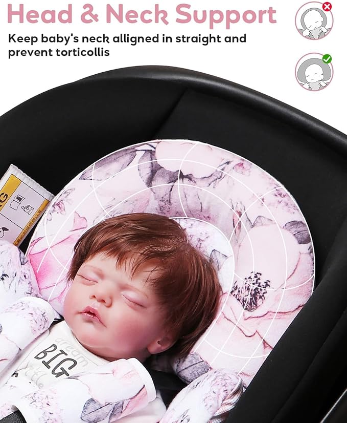 BOMOLOUR Infant Car Seat Insert, Enlarged Head Support for Baby Carseat, Reversible Newborn Insert with 3 Strap Covers, 2-in-1 Baby Car Seat Cushion for Stroller, Swing, Bouncer, Rocker - Pink Floral