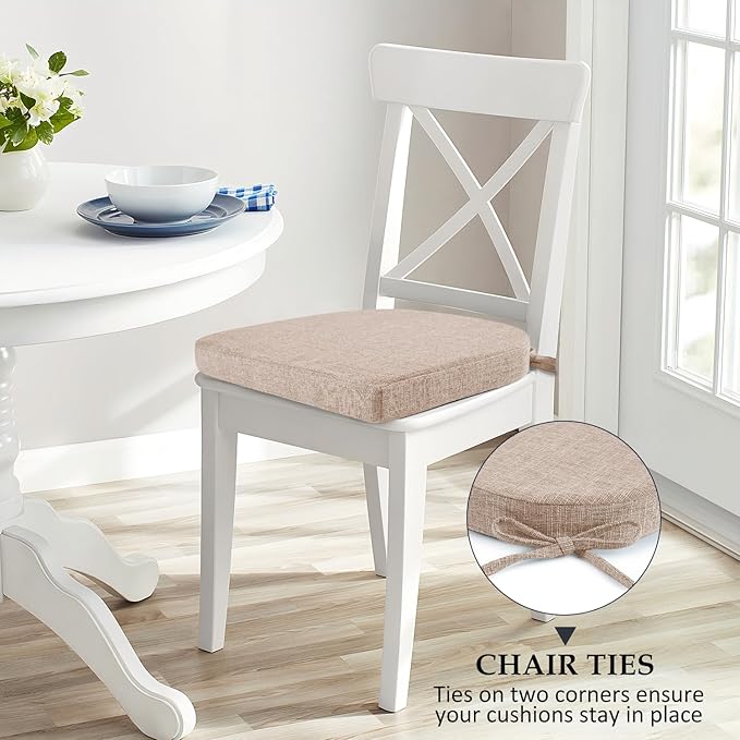 Wellsin Chair Cushions for Dining Chairs 4 Pack - Kitchen Chair Cushions with Ties and Non-Slip Backing - Dining Chair Pads 16"X16"X2", Oatmeal Beige