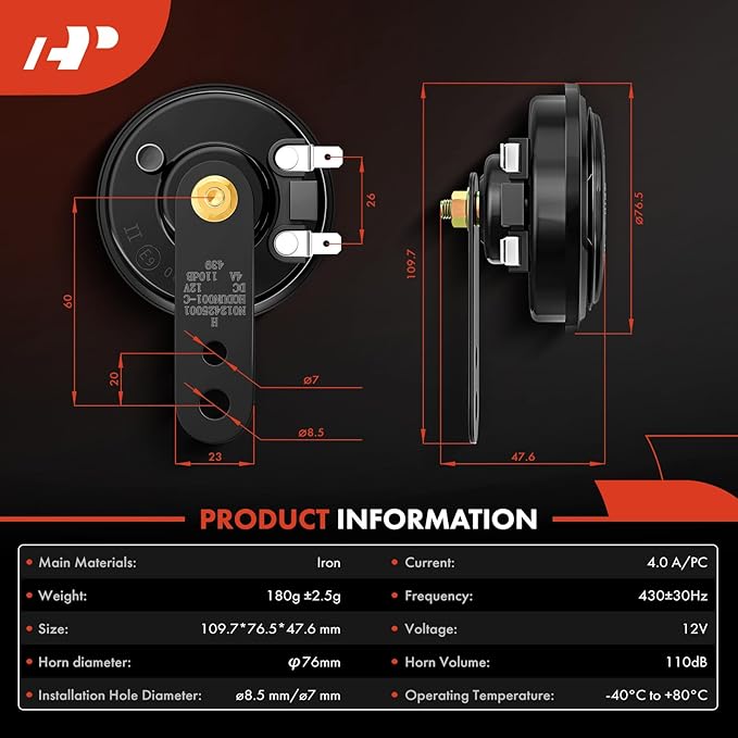 A-Premium Disc Horn High Universal Electric Horn - 12V 110 dB - Compatible with Passenger Car, Commercial/Off-Road Vehicle, ATVs, Scooter, Dirt/Pocket Bikes, Motorcycles & More, 76 mm