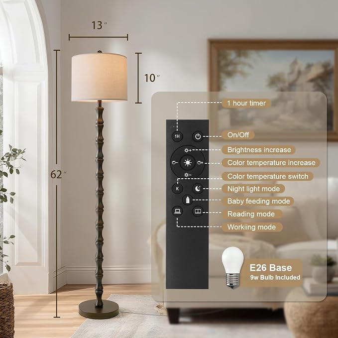 BOBOMOMO 62" Rustic Farmhouse Floor Lamp Dark Brown with Remote & Dimmable 9W Bulb, 3 Color Temperatures Resin Standing Lamp, Retro Tall Lamp for Living Room, Bedroom, Nursery, Office, Reading Nook