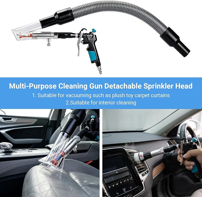 Car Interior Cleaning Gun with 2-in-1 Air Blower Attachments, Detailing Brush and Swivel Connector – for Car Seats, Carpets, Dashboards, Floor Mats, Air Vents, Pet Hair Removal and Rapid Drying
