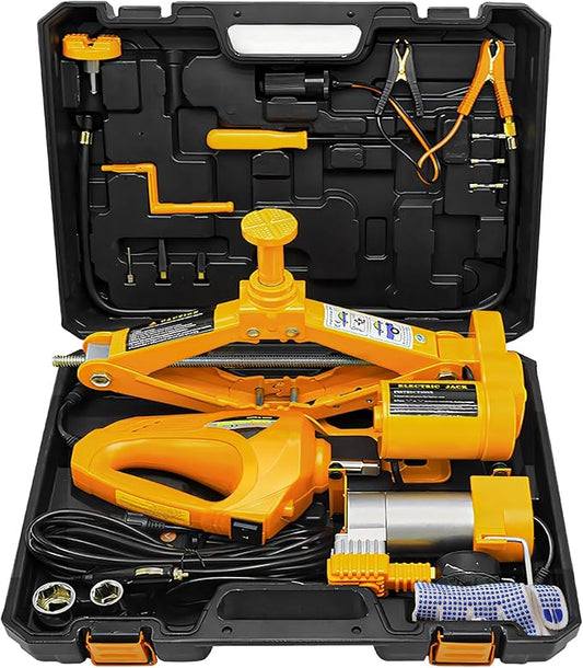 E-HEELP Electric Car Jack 3T Scissor Floor Jack Set 12V Automatic Vehicle Lift Kit with Impact Wrench & Inflator for Sedans(Lifting rang: 4.72~14.57 inch)
