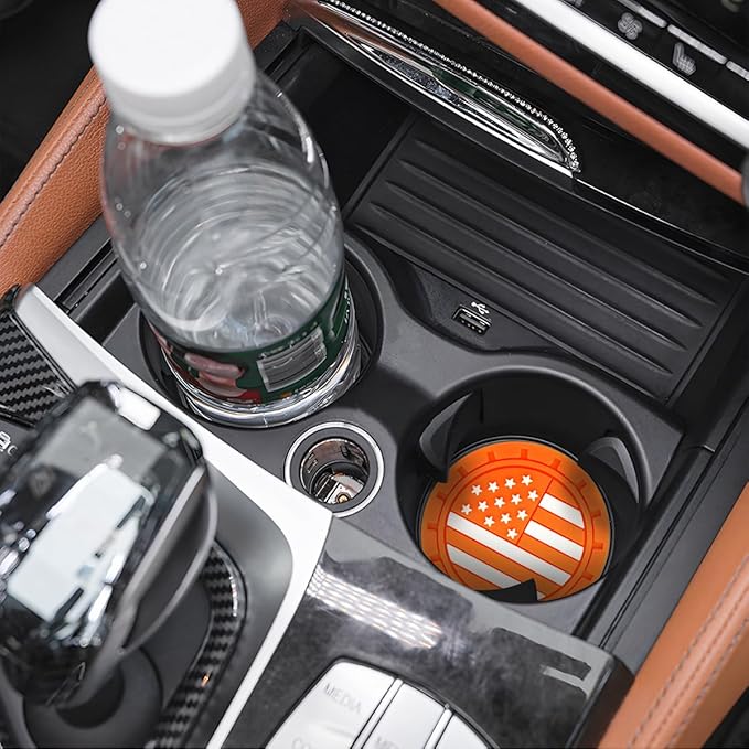 Osilly Car Cup Holder Coasters, 4 Pack American Flag Insert Car Cup Coaster, 2.75 Inch PVC Anti Slip Shockproof Embedded Drink Mat, Car Interior Decoration Accessories for SUV, Truck(Orange)