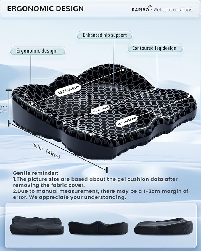 Gel Seat Cushion for Long Sitting(Enlarged & Thickened), Cooling Pressure Relief Seat Cushion for Wheelchair, Driving, Kayak, Office Desk Chair Seat Pad Gel for Heavy People[Black-19.7" Large]