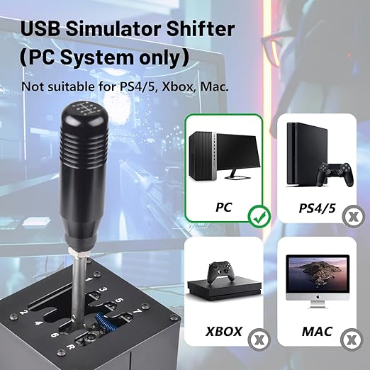 CNRAQR PC USB Simulator Shifter 7+R H Gear Shifter with L Shape Clamp Set for Gear shift PC Windows Steering Compatible with G29/G27/G25, T300RS/GT Wheel
