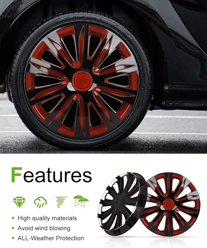 SCITOO 4-Pack 16 Inch Hubcaps Black & Red Wheel Cover Hubcaps for Cars