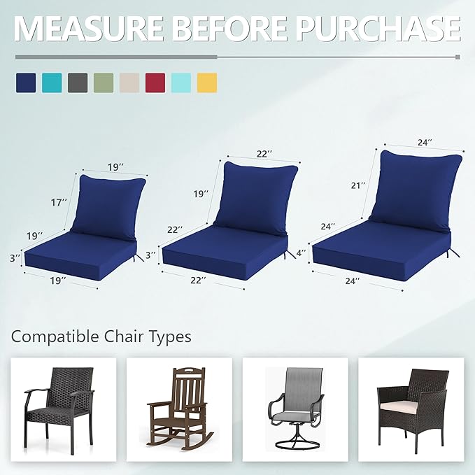19x19 Inch Patio Chair Cushions Set of 4, Outdoor Furniture Cushions - Removable Cover, Water-Repellent, Fade-Resistant, Non-Slip Bottom & Straps, Replacement for Lawn, Porch & Deck Chair - Navy