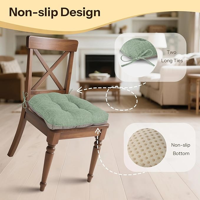 Non Slip Chair Cushions for Dining Chairs Set of 4 Kitchen Chair Cushions 18"x18"x3" Turfted Chair Pads Comfortable and Soft Seat Cushion with Ties (Sage Green)