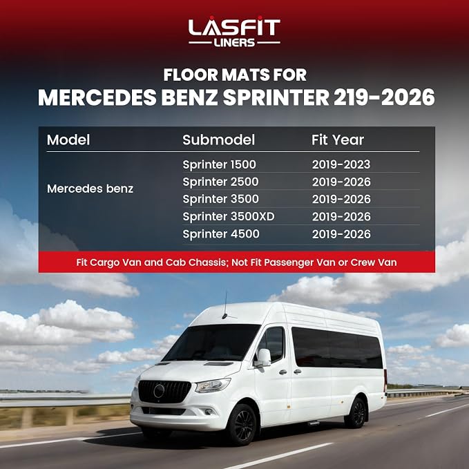 LASFIT Floor Mats for Mercedes Benz Sprinter 1500/2500/3500/4500 2019-2026 (Fit Cargo Van & Cab Chassis), All Weatehr TPE Floor Liners Custom Fit Sprinter 1st Row with Center Aisle Liner