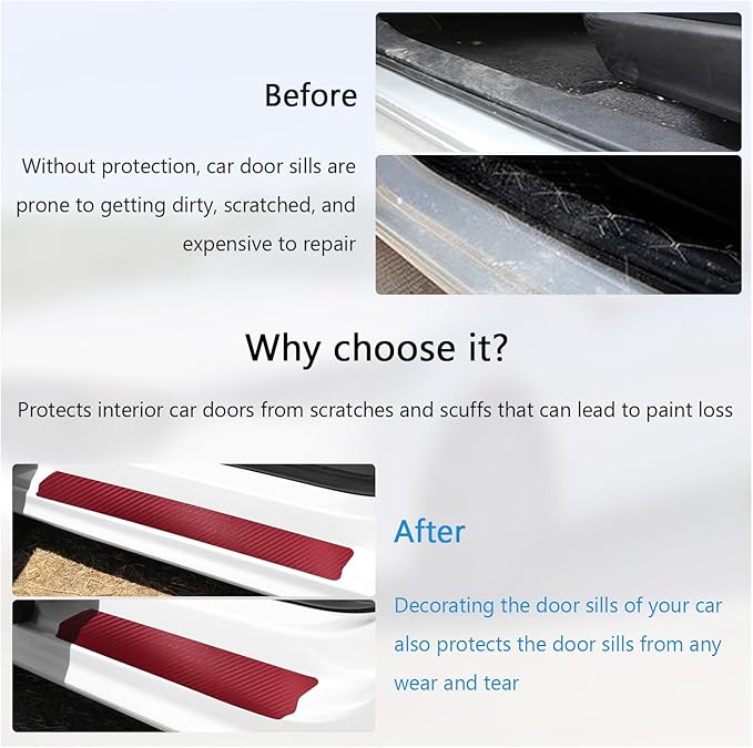 Dickno 4 PCS Car Door Sill Protector, 3D Carbon Fiber Auto Door Entry Edge Guard Protection Trim, Anti-Scratch Threshold Cover Strips, Sill Protection Sticker for Car SUV Truck (Red)