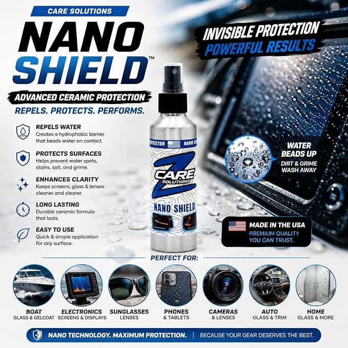 Screen & Glass Cleaner Spray with Ceramic Coating - Hydrophobic Protection for Sunglasses, Boat Screens, Electronics - Streak Free Water Repellent - Nano Shield by Z Care