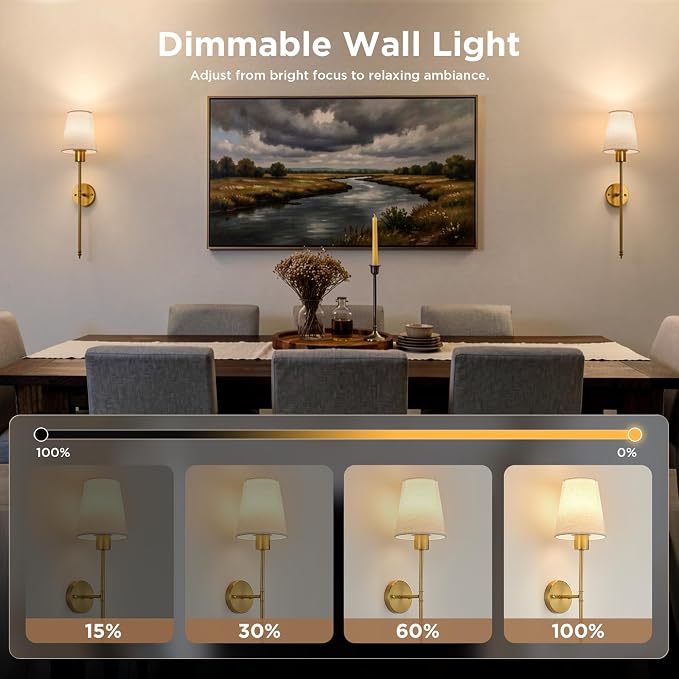 Brightown Battery Operated Wall Sconce Set of 2,Wireless Rechargeable Wall Lights with Dimmable Magnetic Bulbs and Remote for Living Room，12 Colors Linen Wall Lamp for Bedroom Hallway Decor