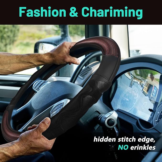 DaisyInner 18 Inch Semi Truck Steering Wheel Cover Heavy Duty Leather Wheel Comfy Grip Cover Anti Slip Car Accessory Fits Rv, Big Rig 18 Wheeler and Pickup (Black, Classic Style)