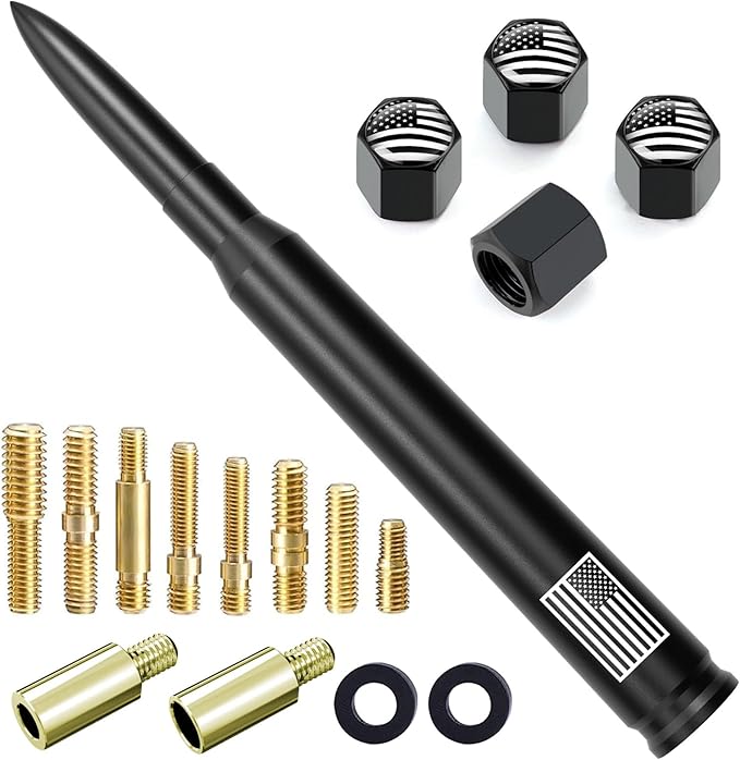 Car Truck Bullet Antenna with Tire Valve Caps American Flag Universal Short Replacement for GMC Sierra Chevy Silverado Dodge Ram 1500 2500 3500 Ford F150 F250 F350 Super Duty Raptor, Matte Black, 7"