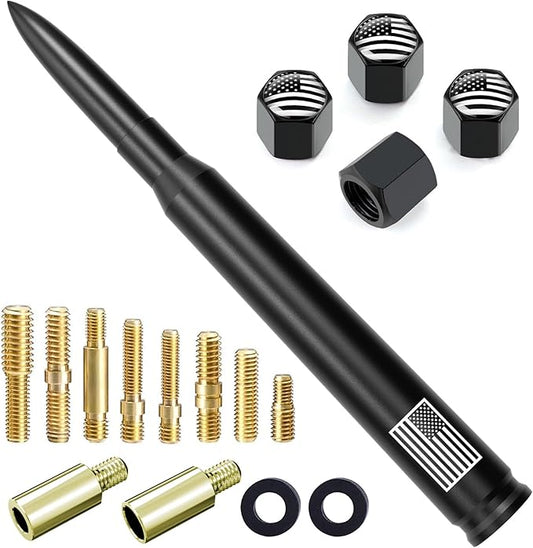 Car Truck Bullet Antenna with Tire Valve Caps American Flag Universal Short Replacement for GMC Sierra Chevy Silverado Dodge Ram 1500 2500 3500 Ford F150 F250 F350 Super Duty Raptor, Matte Black, 7"