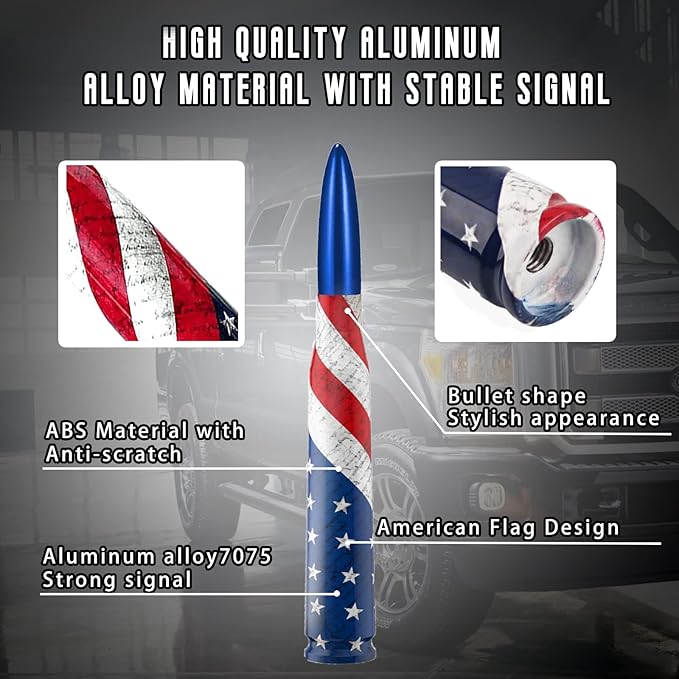 Car Truck Bullet Antenna with Valve Stem Caps, Universal Antenna Mast for GM Chevy Silverado 1500 2500 3500 HD Avalanche Ford F150 F250 F350 Heavy Duty Pickup Jeep Accessories (Blue)-American Flag